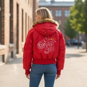 Vintage Apple Bottoms Red Fur Hooded Bomber Jacket Women's 1X XL Down Blend NEW